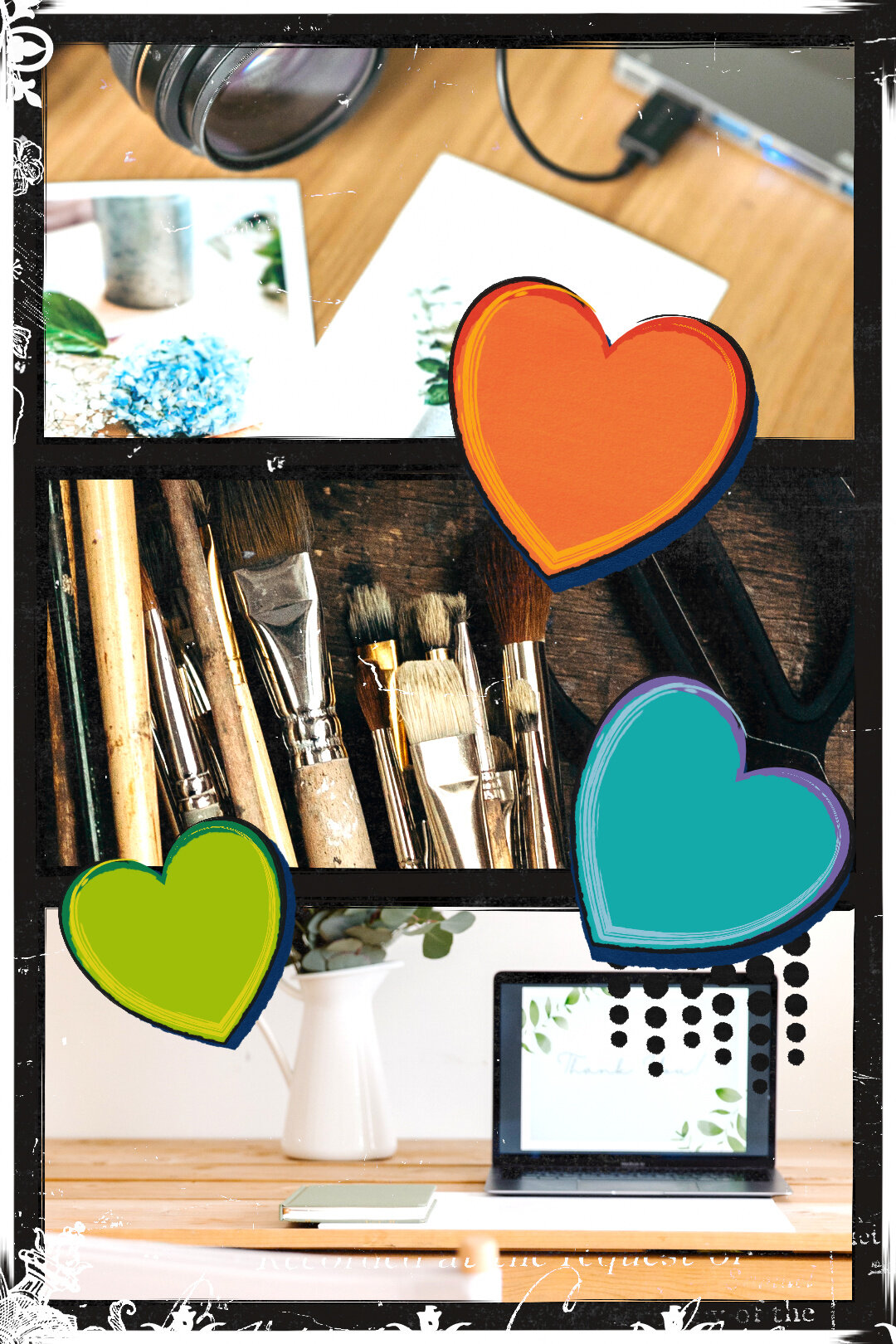Photos of creative endeavours: a camera lens with printed photos, paint brushes piled on a wooden surface, and a laptop on a desk.